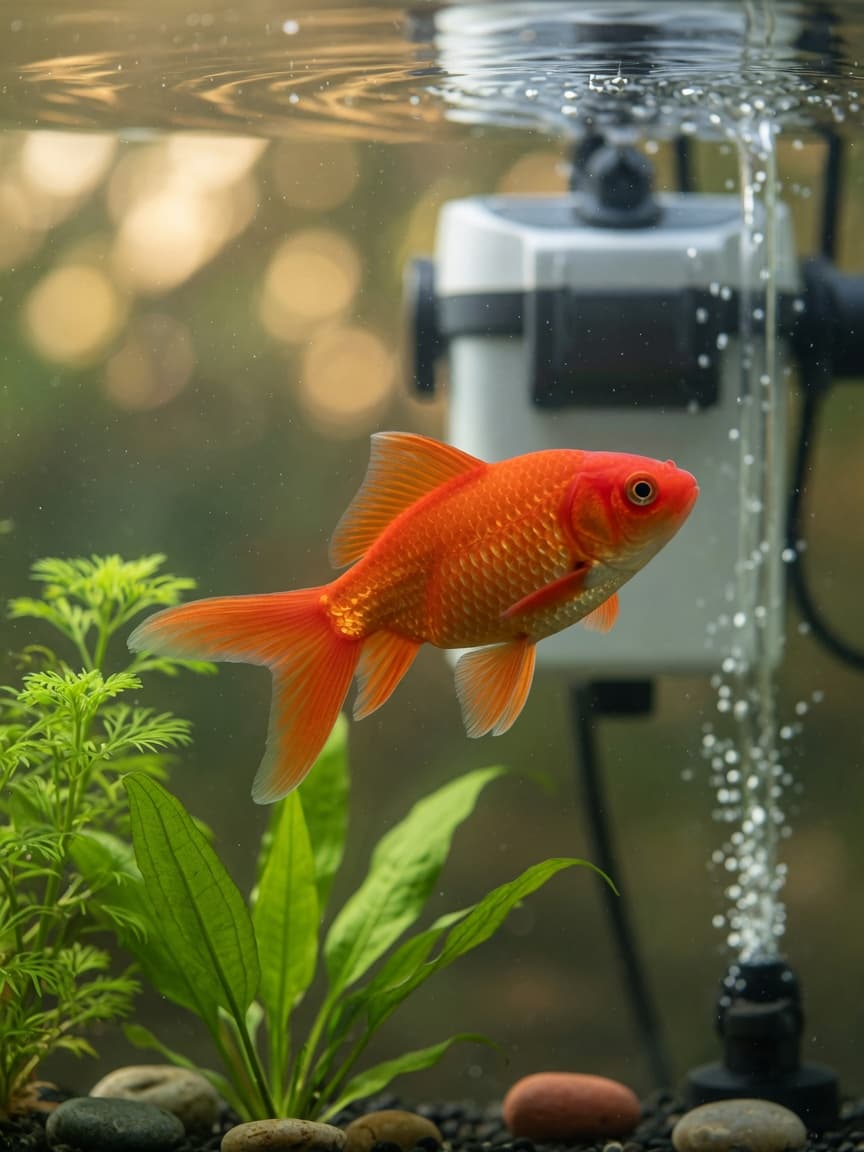 A healthy common goldfish swimming in a filtered aquarium with clear water and proper equipment