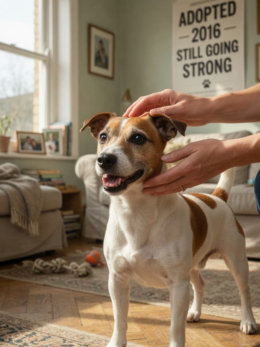 A healthy Jack Russell Terrier with white and tan coat being gently petted by owner's hands in a sunlit living room, showing a vibrant, energetic senior dog.