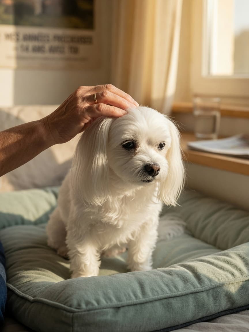 Senior Maltese dog with long white coat resting on orthopedic bed in warm sunlight with owner's hand gently stroking its head