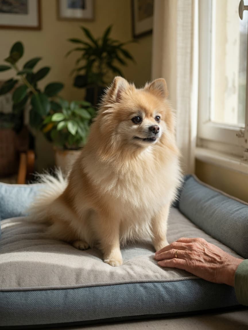 A healthy senior Pomeranian with fluffy tan and cream coat sitting on a soft bed by a sunny window, with an owner's hand nearby, representing healthy aging and longevity.