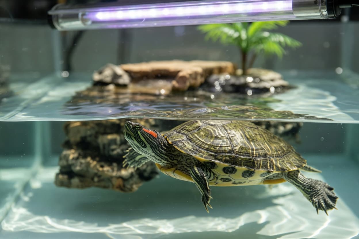 Red-eared slider turtle swimming in a clear aquarium with UVB lighting and basking platform visible