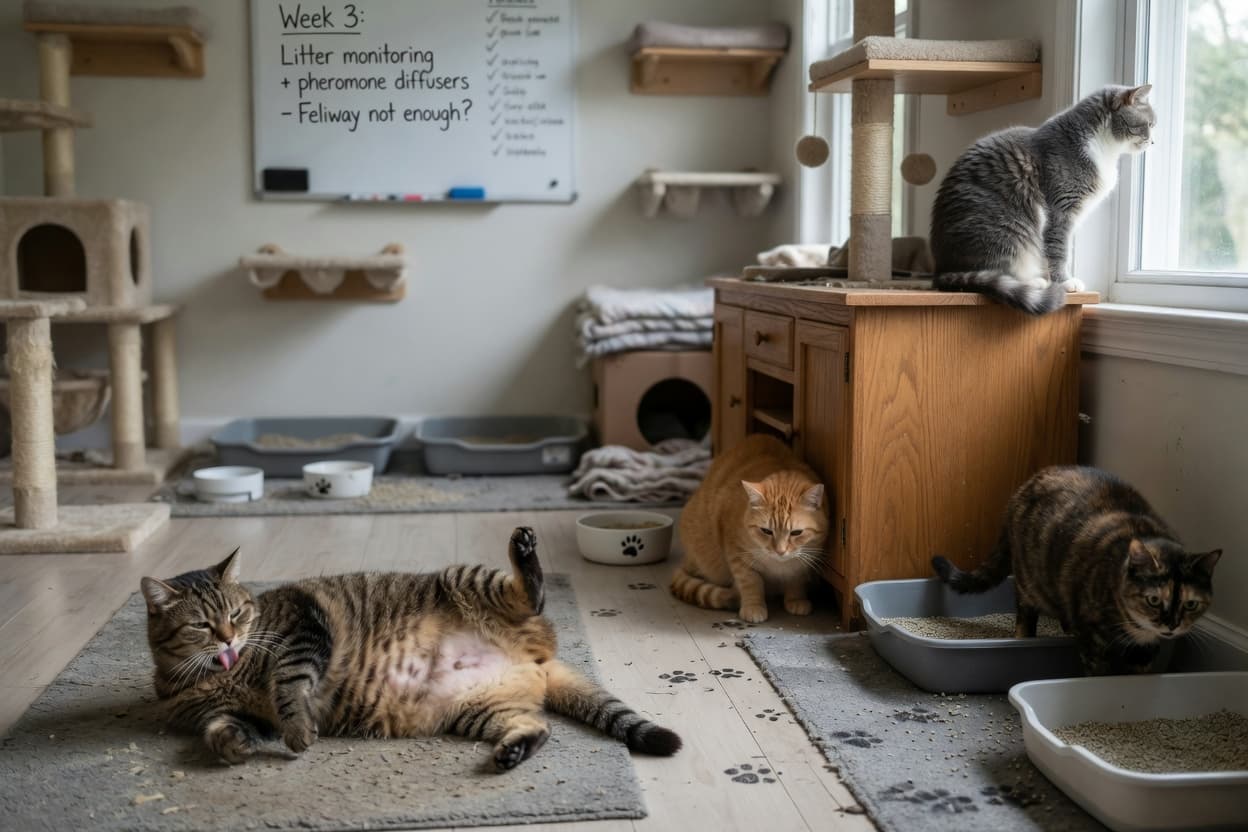 Four cats in a multi-cat household displaying various stress behaviors including overgrooming, hiding, high perching, and tension near litter areas
