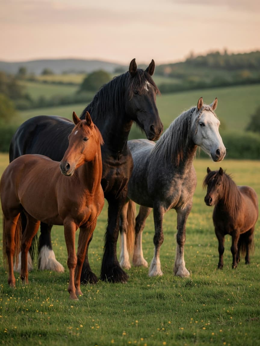 Multiple horse breeds standing together in a pasture, showcasing the diversity of sizes, colors, and body types from Thoroughbreds to Shires