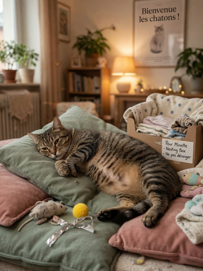 A pregnant tabby cat lying on soft cushions, visibly pregnant and tired, with nesting materials visible