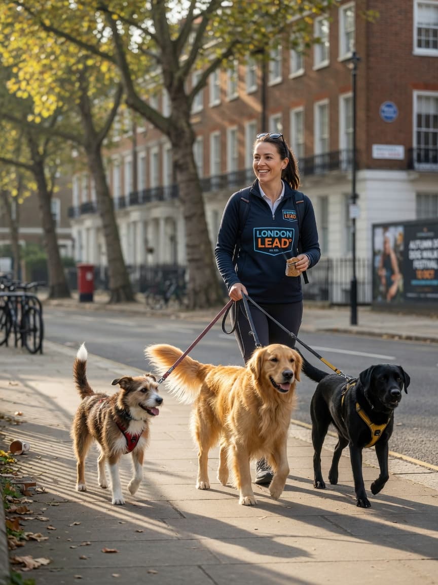 Professional dog walker managing three dogs on a London city street in morning sunlight