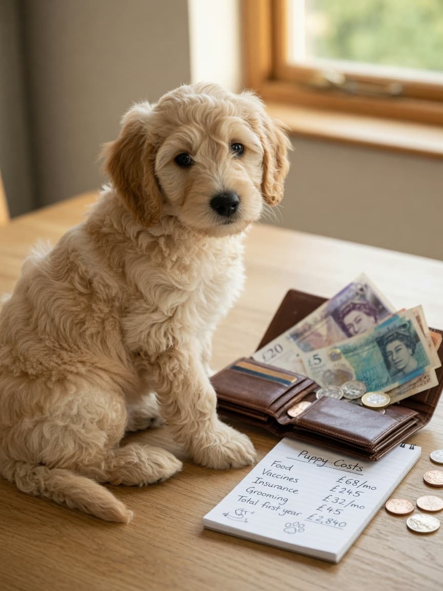 Goldendoodle puppy with curly cream coat sitting beside an open wallet with British pound notes and financial planning materials on a wooden table