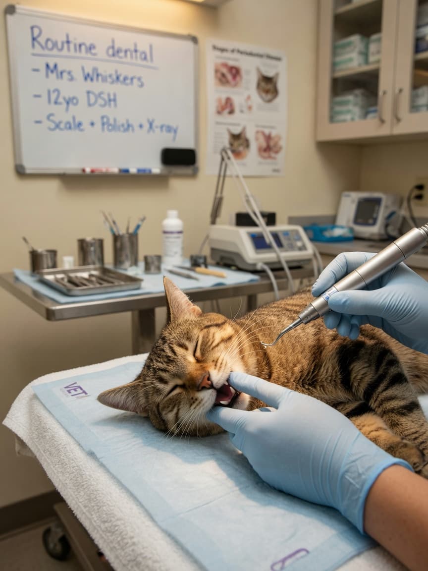 Veterinarian performing professional teeth cleaning on a tabby cat under anesthesia using an ultrasonic scaler