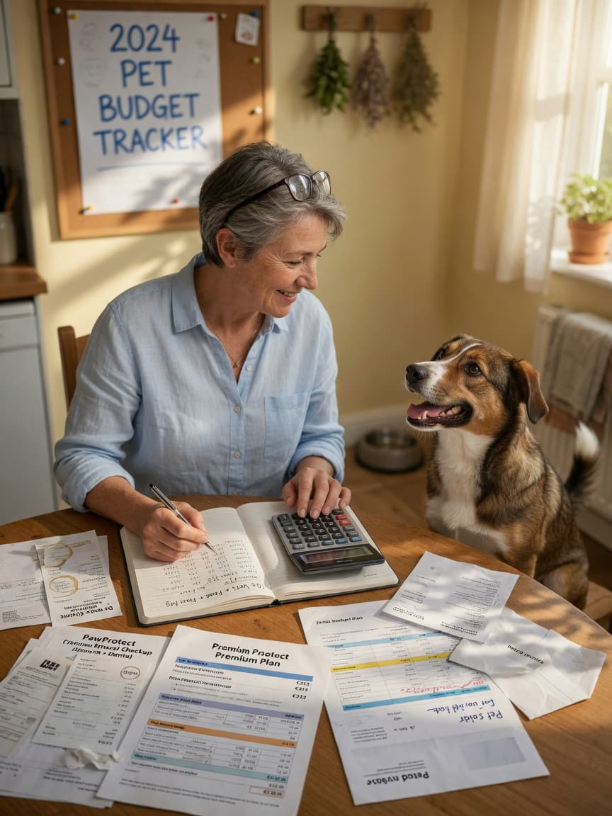 Dog owner reviewing financial documents and budgets at home with her pet dog beside her