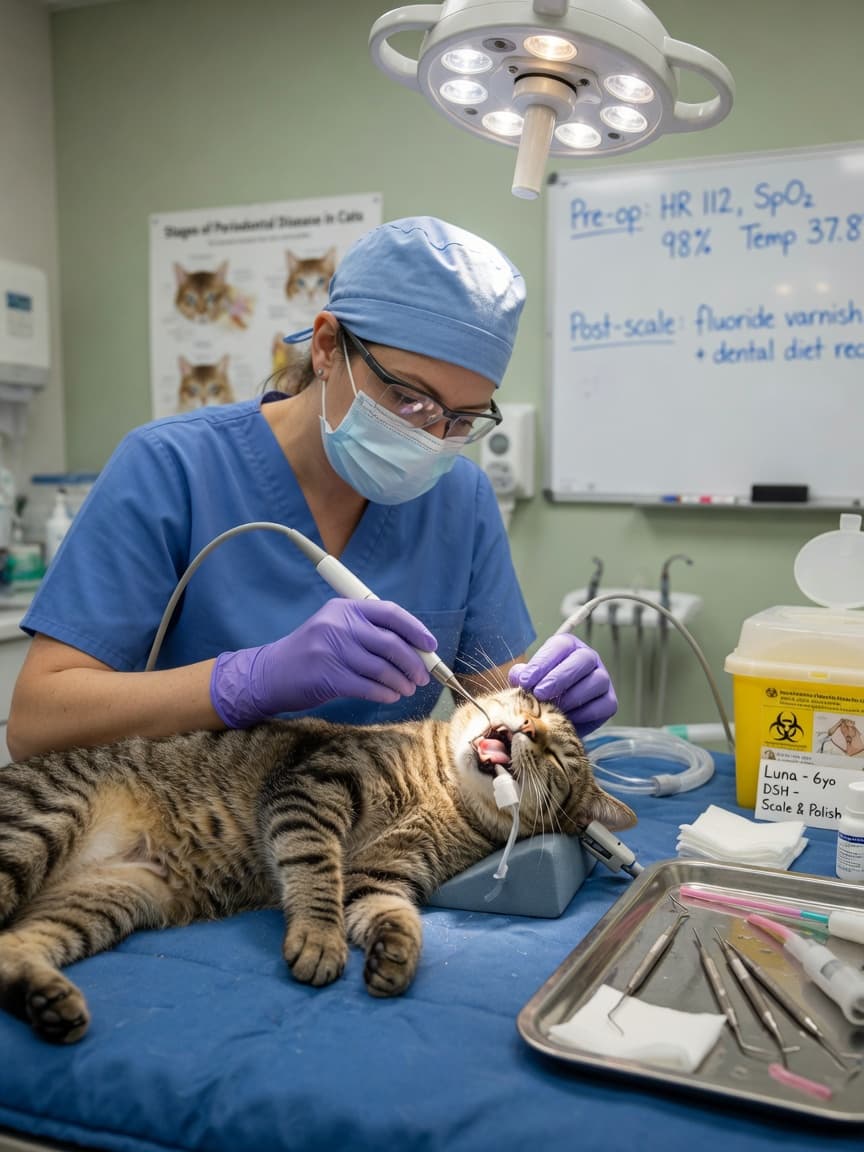 Veterinary dentist performing professional teeth cleaning on an anesthetized cat using ultrasonic dental scaler during surgery