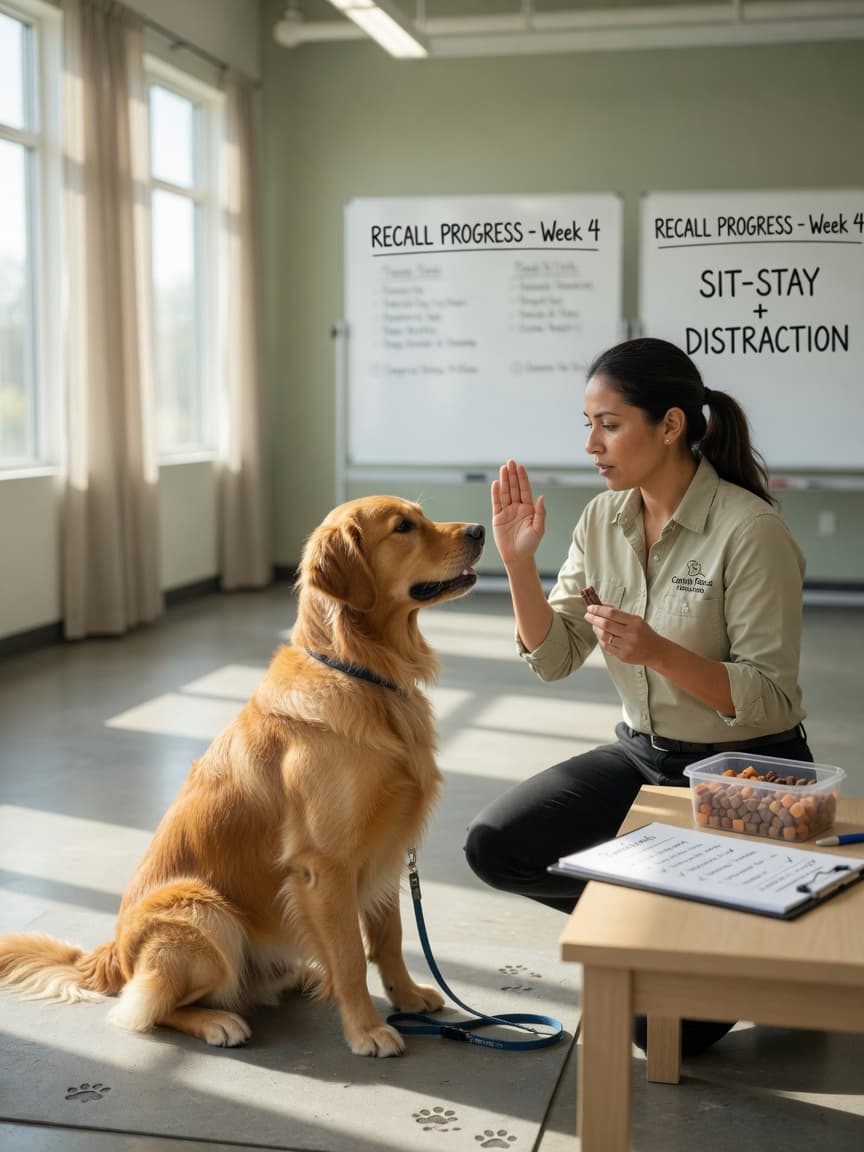 Professional dog trainer conducting a one-on-one private training session with a golden retriever in a modern training facility