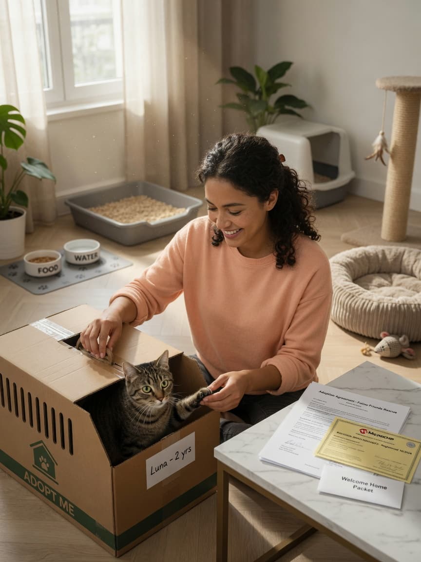 New cat adoption scene with tabby cat emerging from carrier into prepared home with owner