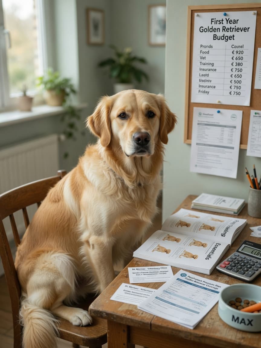 Golden retriever puppy sitting next to financial planning documents and calculator