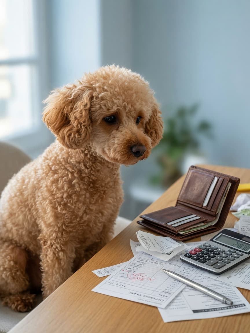 Miniature poodle with curly apricot coat sitting by an open wallet and financial papers on a desk, representing the cost of ownership