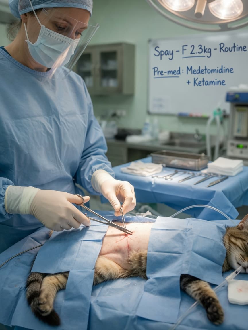 Veterinary surgeon performing a spay procedure on an anesthetized female cat in a surgical theatre with bright overhead lighting and sterile instruments