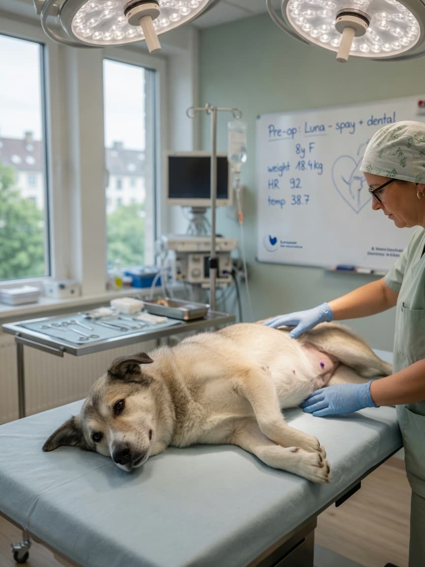 Veterinarian examining a female dog on an examination table during a pre-operative spaying consultation