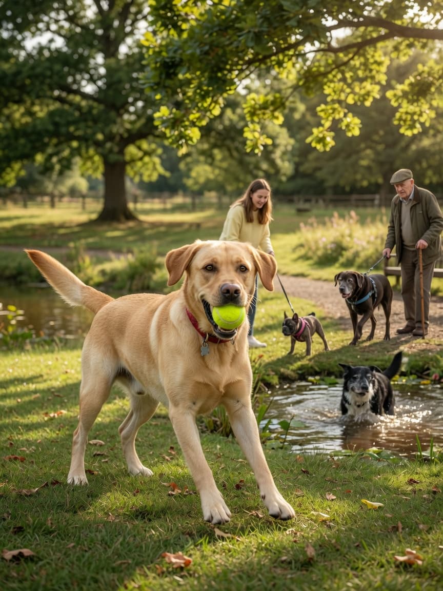 Energetic golden Labrador playing fetch in a sunny park with other dogs of different ages exercising in the background