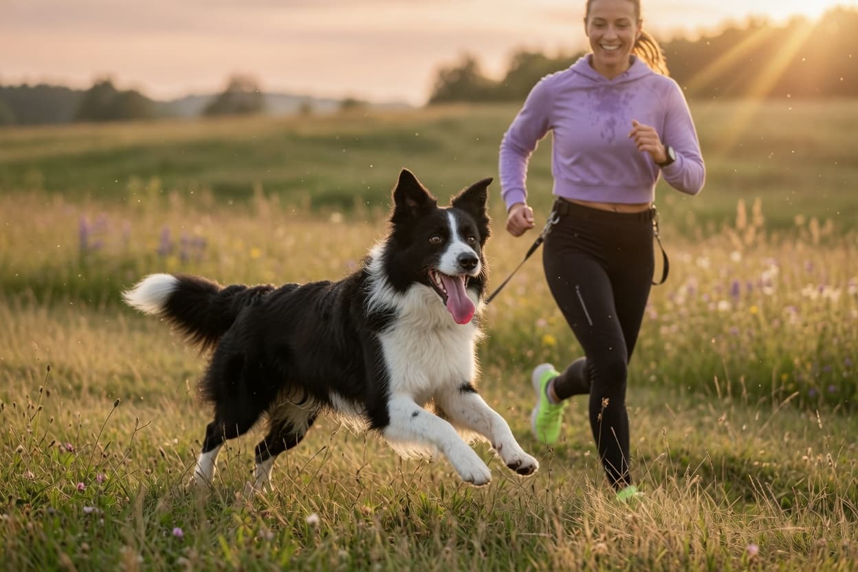 Energetic Border Collie running in meadow with owner during golden hour