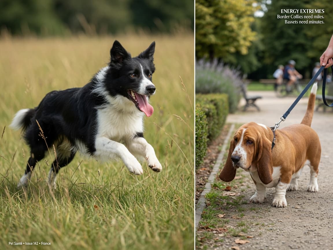 Border Collie running at speed in open field versus Basset Hound walking slowly on leash, demonstrating breed exercise differences