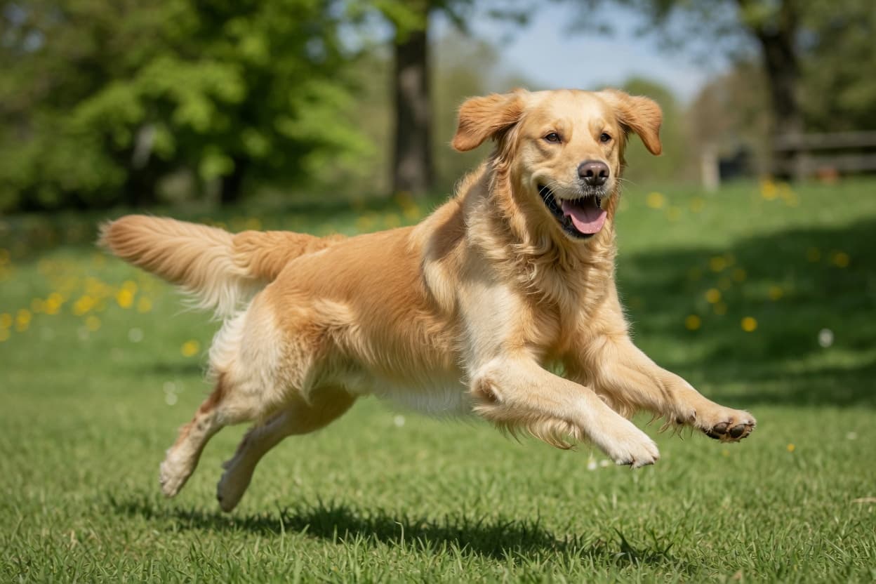 Golden retriever running joyfully through a park at full speed