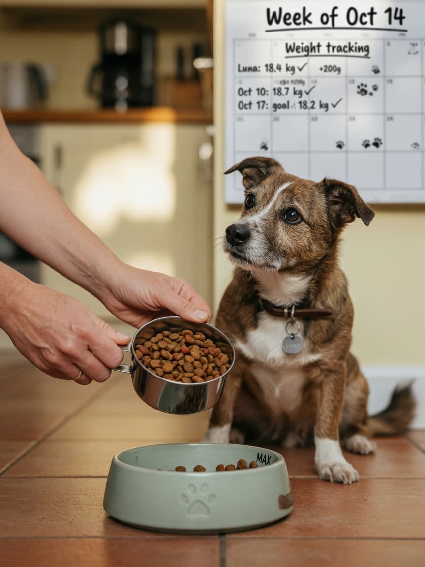 Dog owner measuring kibble into a feeding bowl while attentive dog watches from nearby