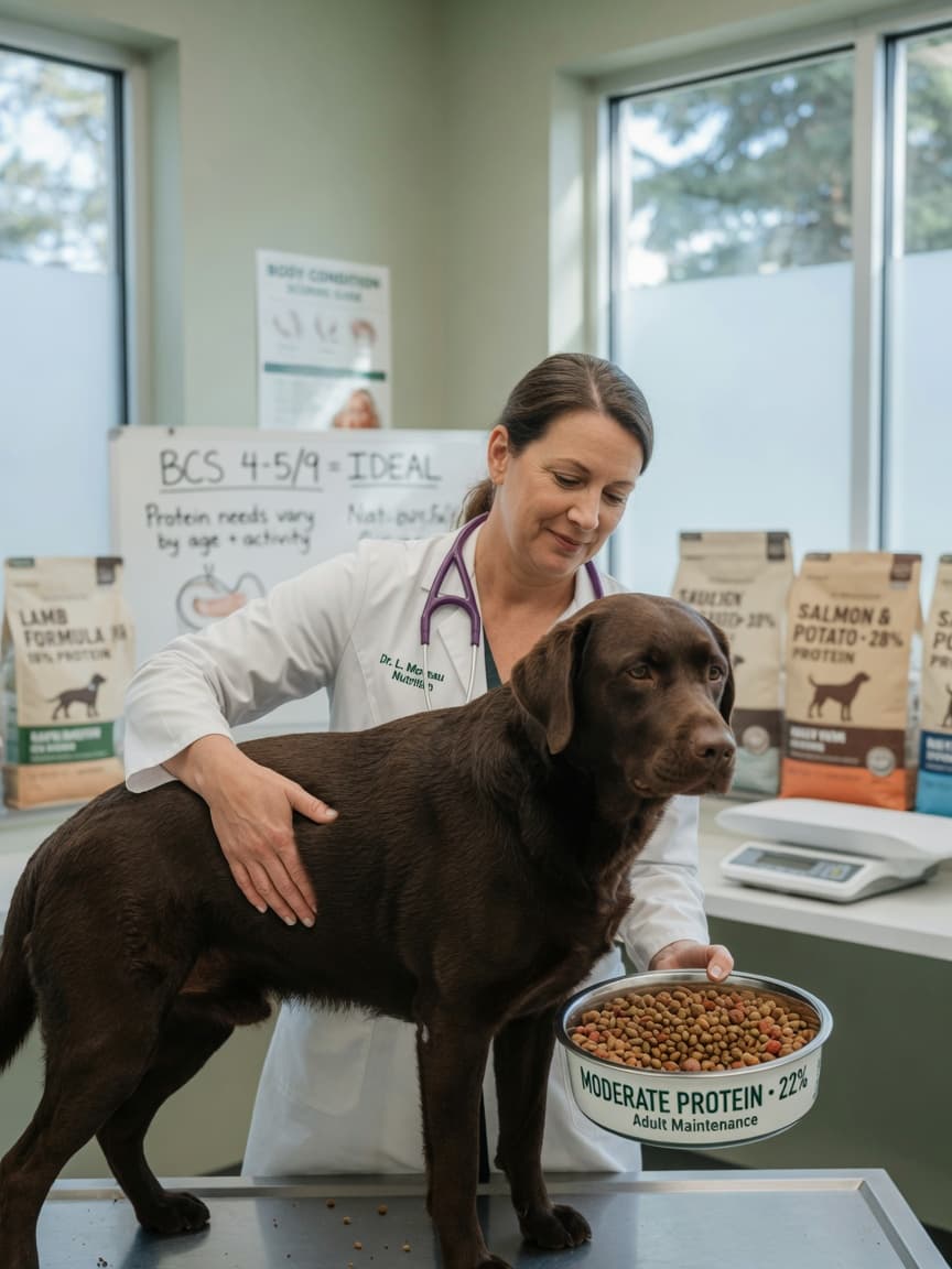 Veterinarian discussing protein requirements with dog owner, examining healthy adult dog's body condition with moderate-protein kibble and multiple food options visible