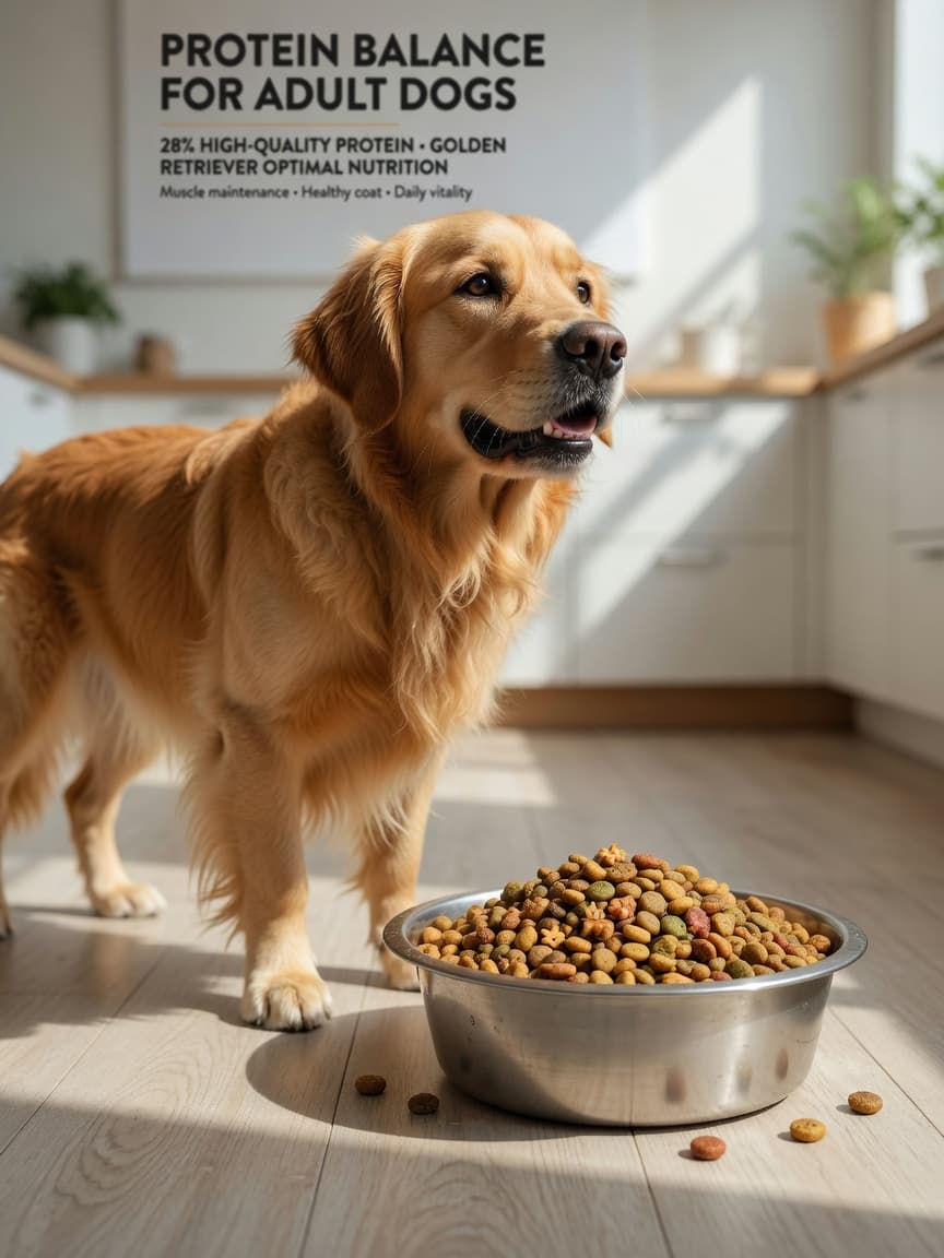 Golden Retriever with shiny coat eating from a stainless steel bowl of quality kibble in warm natural light, illustrating proper protein-rich dog nutrition