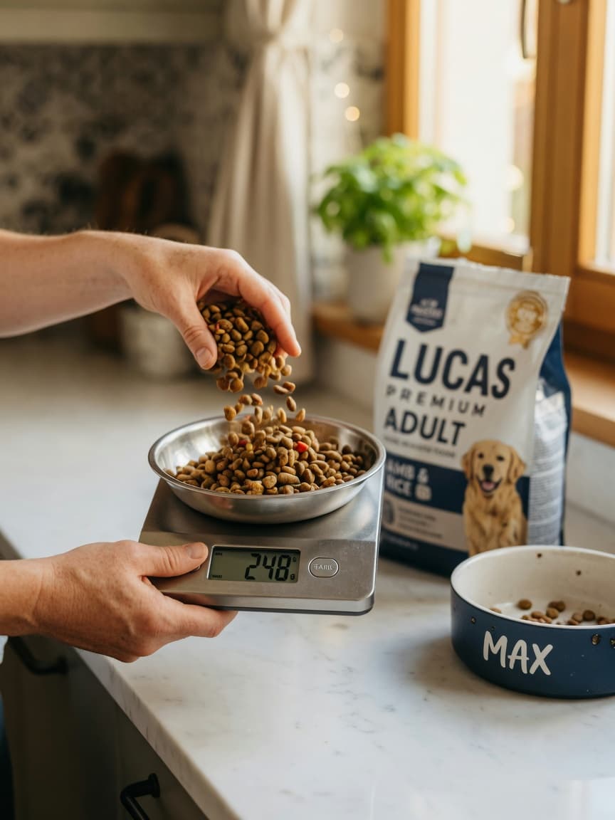 Close-up of hands using a digital kitchen scale to measure dog kibble on a kitchen counter with pet food bag visible