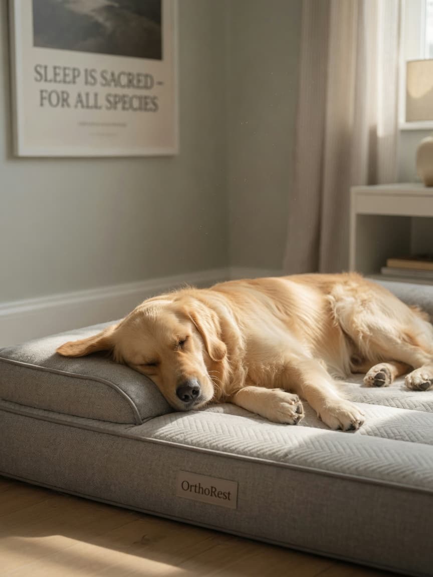 Golden Retriever sleeping peacefully in a comfortable dog bed in a quiet, sunlit bedroom
