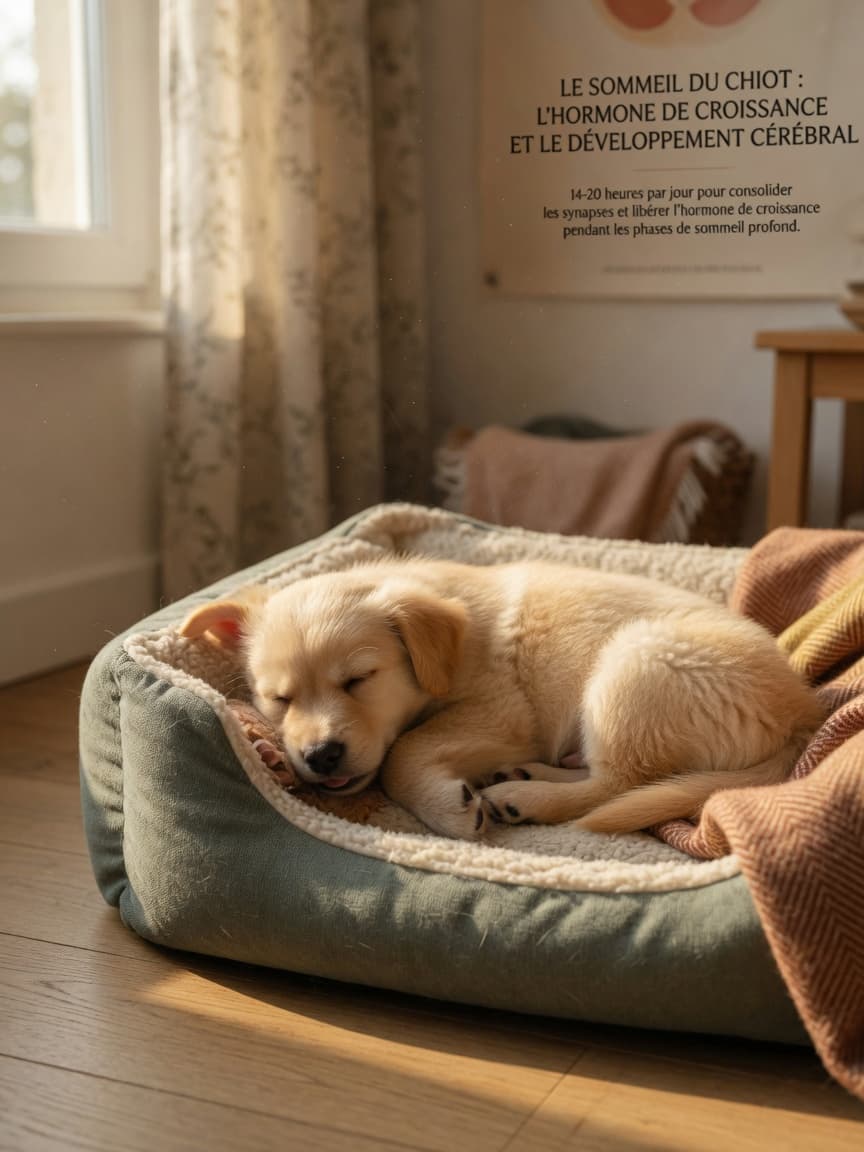 Young puppy sleeping peacefully in a cozy dog bed, demonstrating healthy puppy sleep patterns