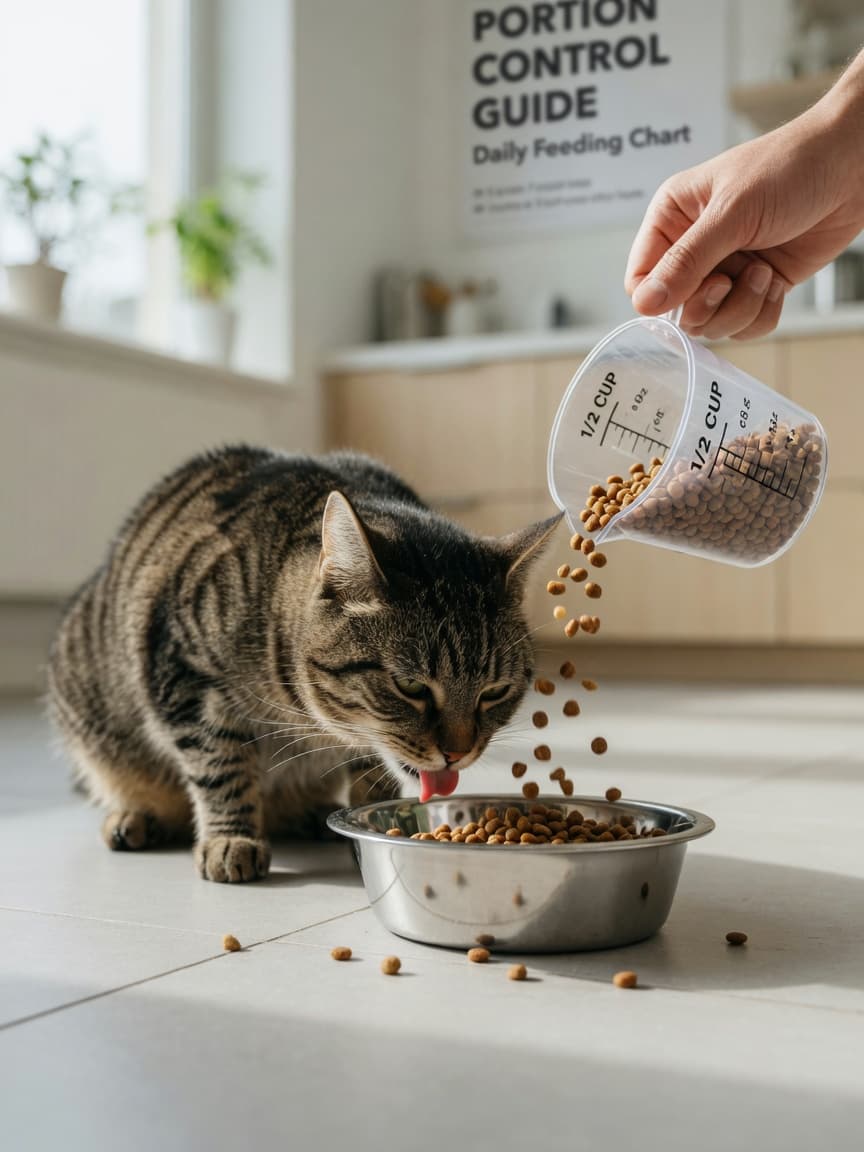 A tabby cat eating from a stainless steel bowl while a hand pours measured kibble from a measuring cup, demonstrating proper portion control for weight-based cat feeding.