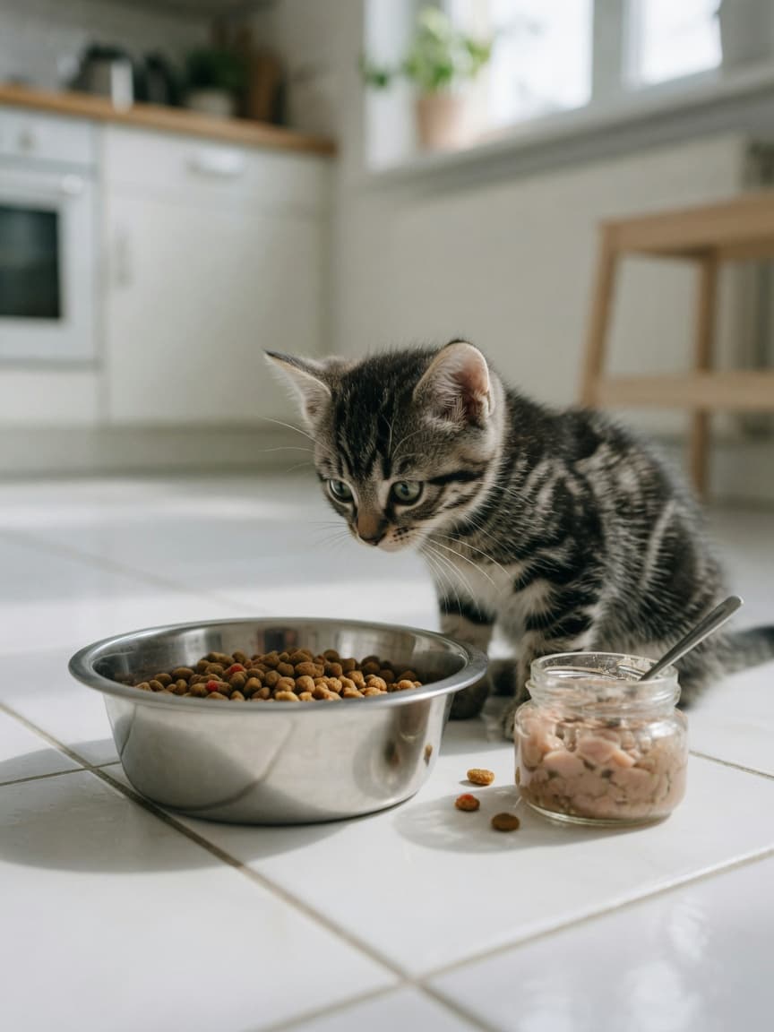 Young tabby kitten sitting beside food and water bowls on kitchen floor, demonstrating portion control for kittens