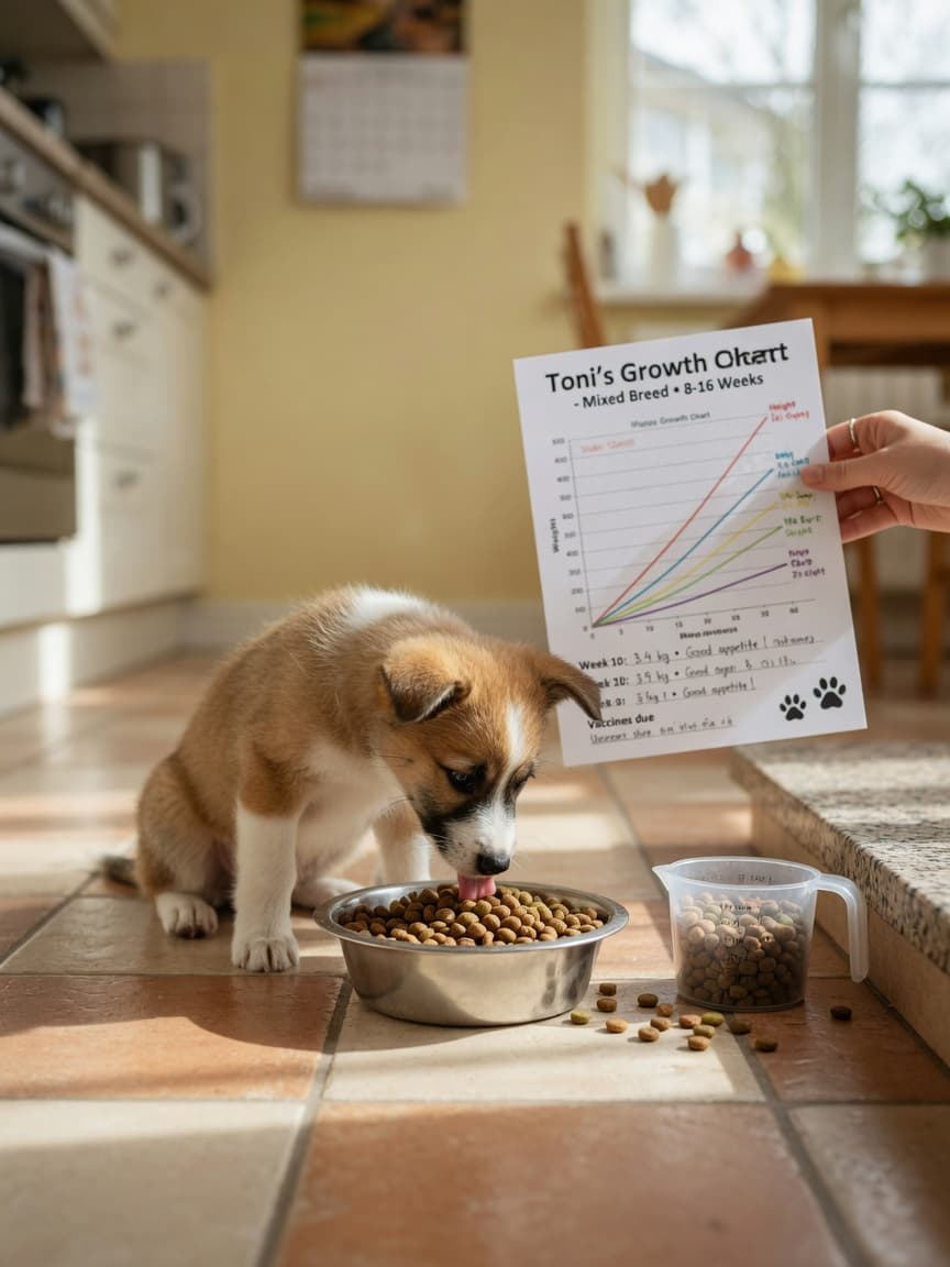 Puppy eating kibble from a bowl with a measuring cup and growth chart nearby