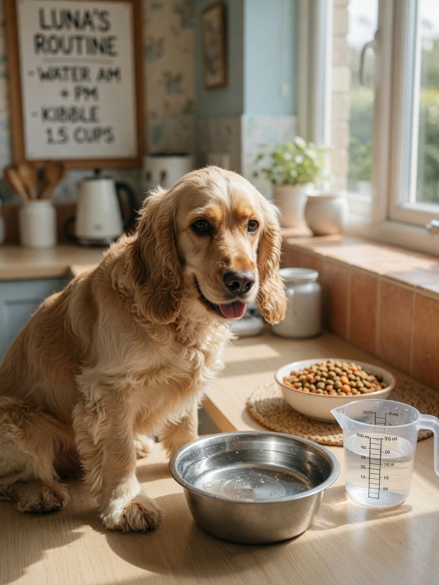 Cocker Spaniel with measuring cup and water bowl demonstrating proper hydration for dogs