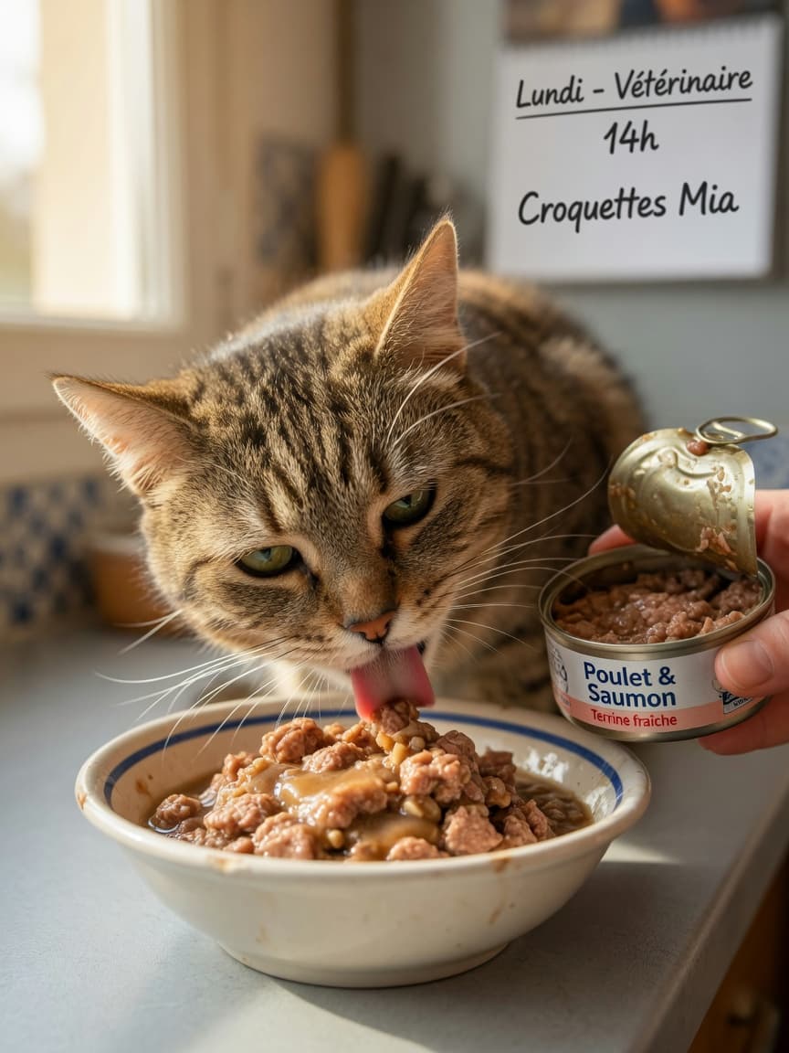 Cat eating wet food from a bowl with owner's hand holding the opened tin beside it