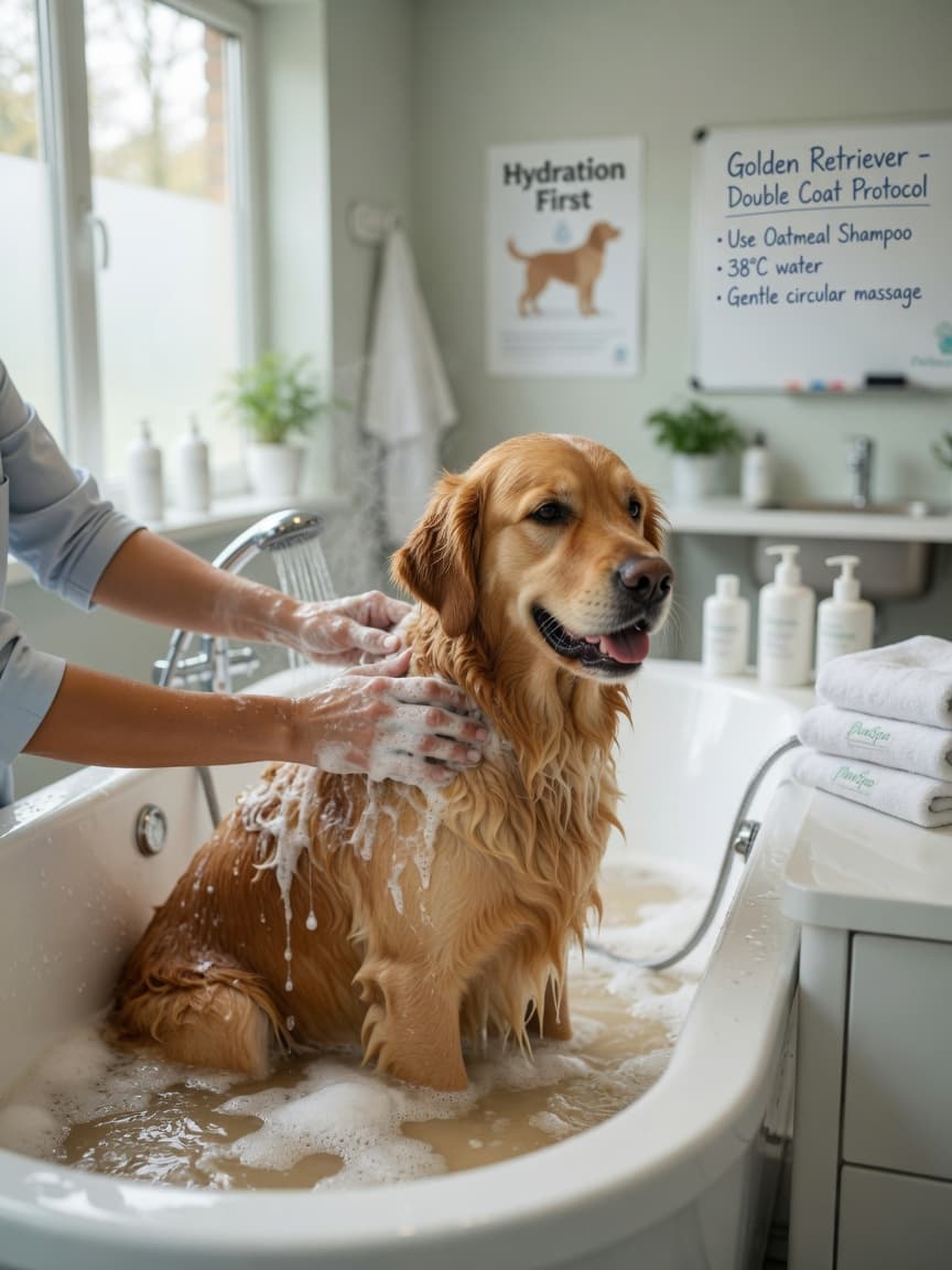 Professional groomer bathing a Golden Retriever in a spa bathtub with warm water and gentle shampoo, hands massaging the dog's double coat
