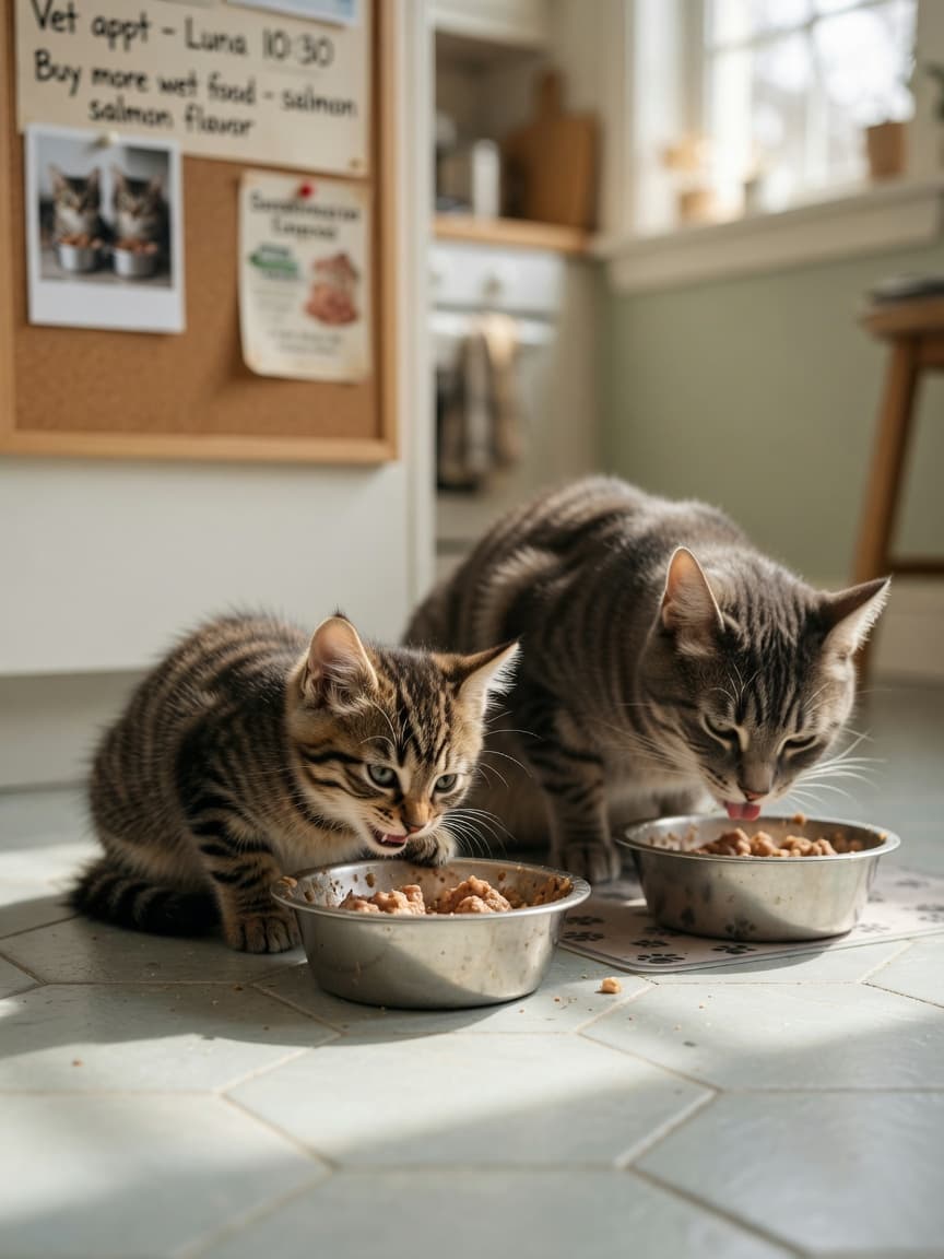 Tabby kitten and adult cat eating from separate bowls during scheduled feeding time