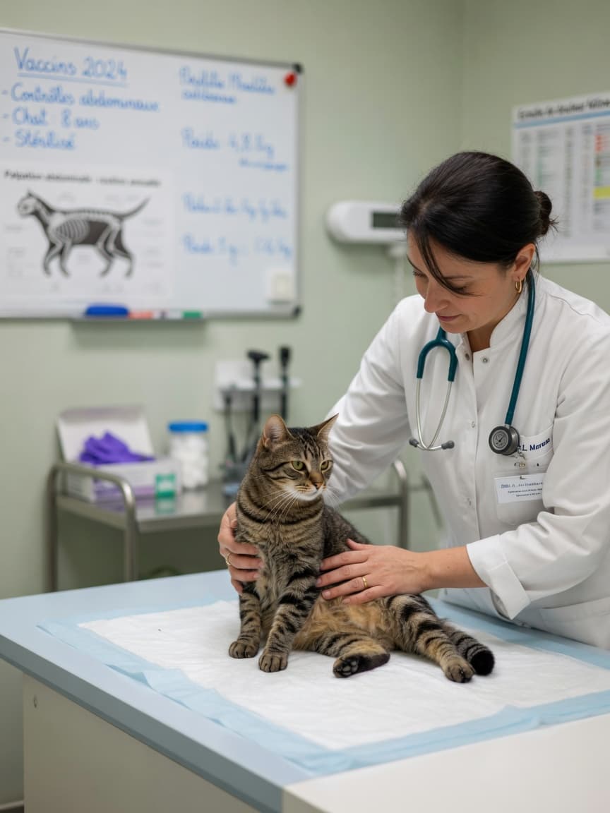 Veterinarian examining a tabby cat on an examination table during a routine wellness check