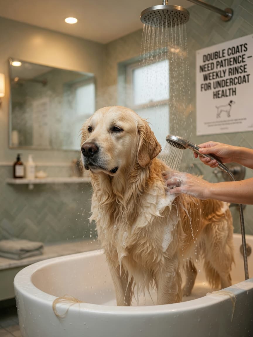 Golden Retriever being bathed with warm water, showing proper bathing technique for double-coated breeds