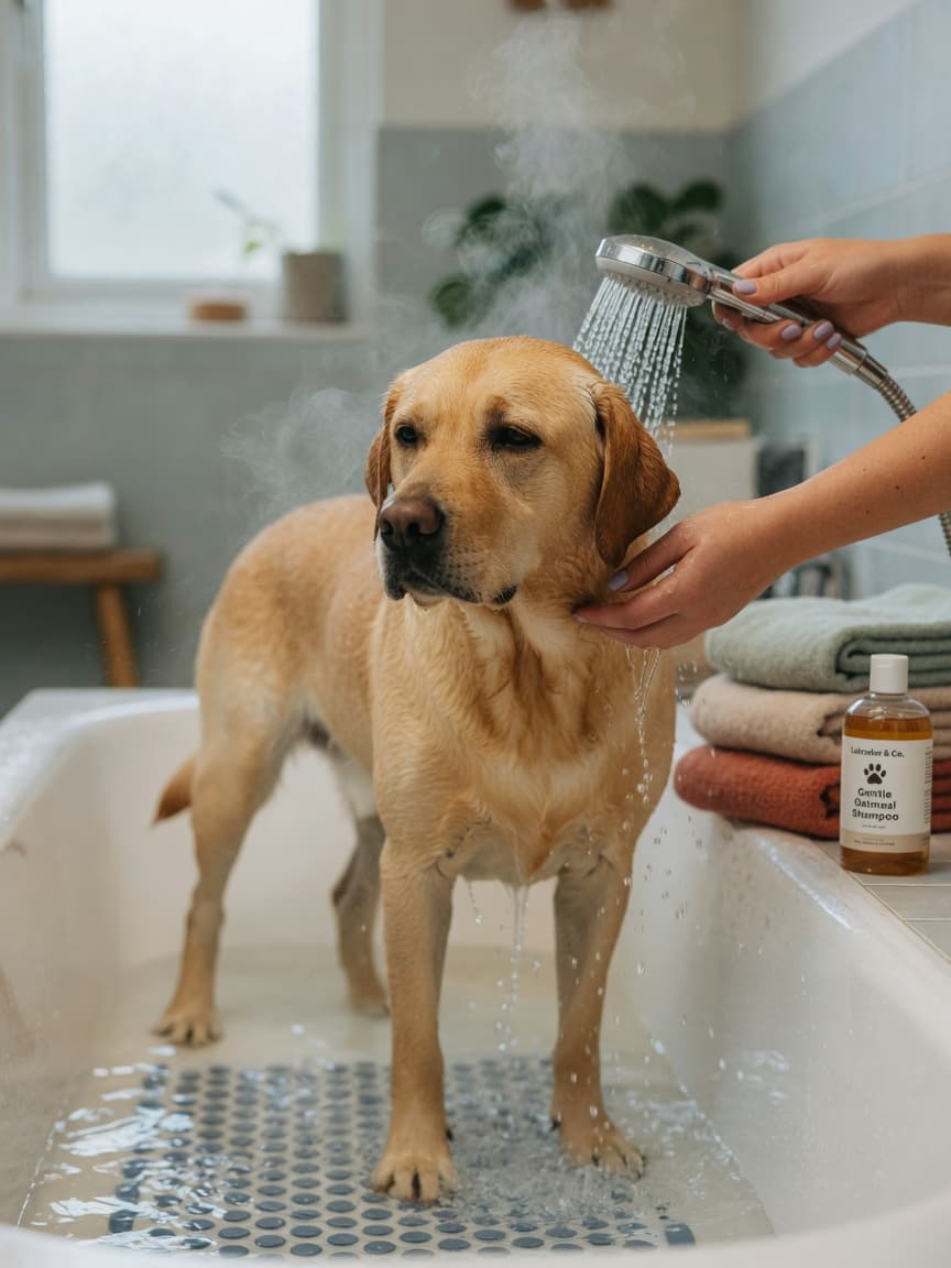 A golden Labrador being gently bathed under lukewarm water in a home bathtub with towels and shampoo nearby