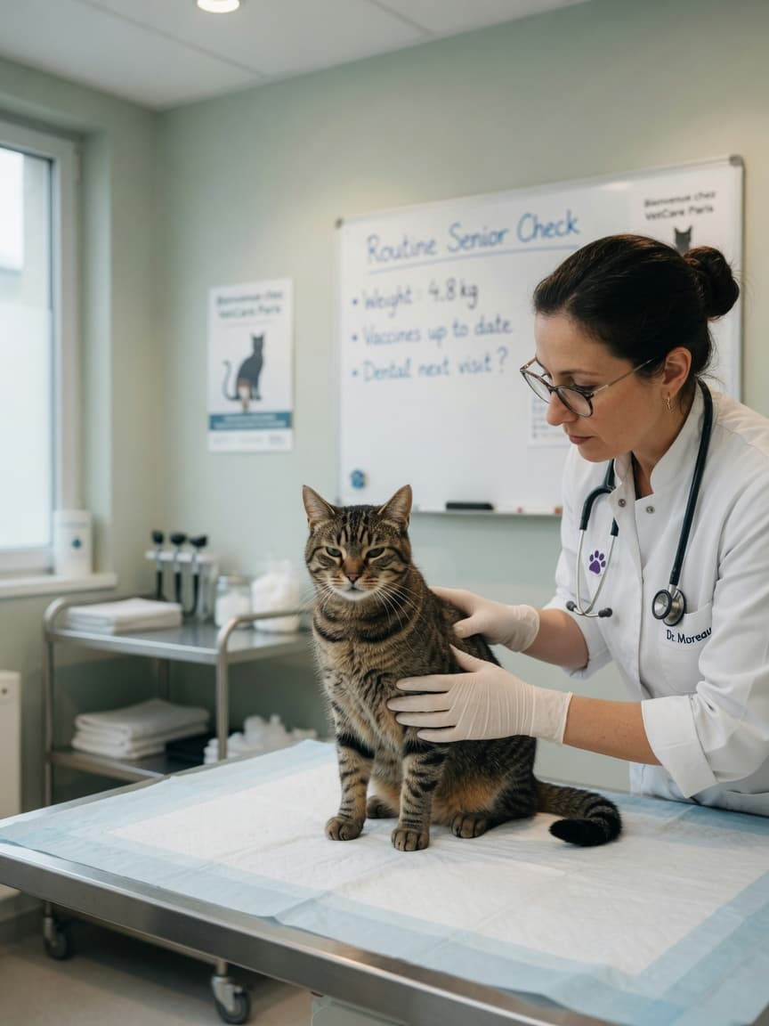 Cat receiving veterinary physical examination on clinic table