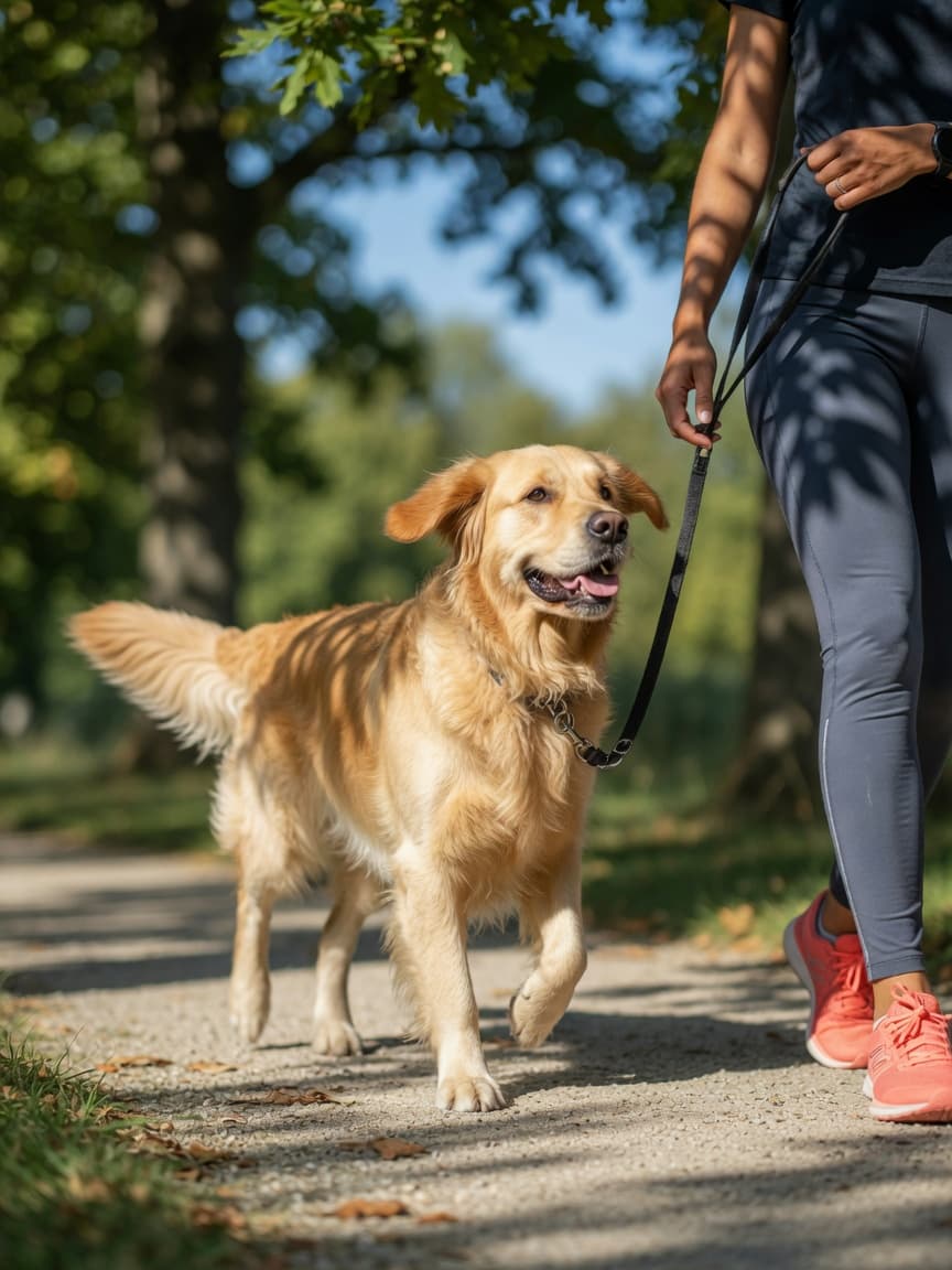Golden Retriever walking on a sunny forest path with owner, displaying healthy posture and engagement