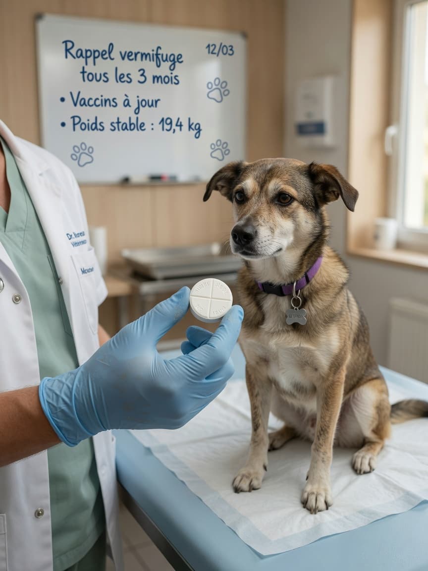 Veterinarian holding a worming tablet next to a calm dog on an examination table