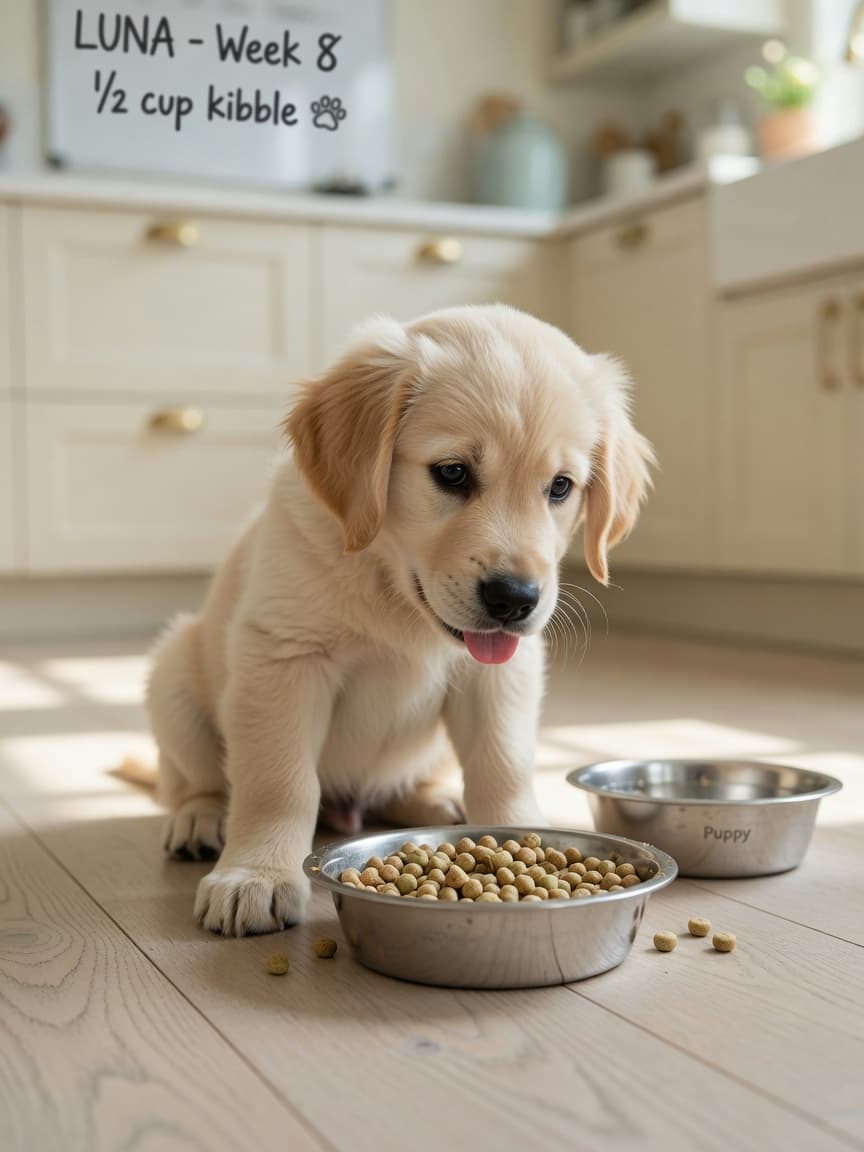 Young Golden Retriever puppy about to eat from a stainless steel food bowl containing puppy kibble on a wooden kitchen floor