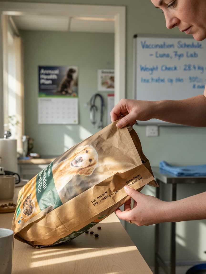 Pet owner carefully examining the batch code on a bag of dog food