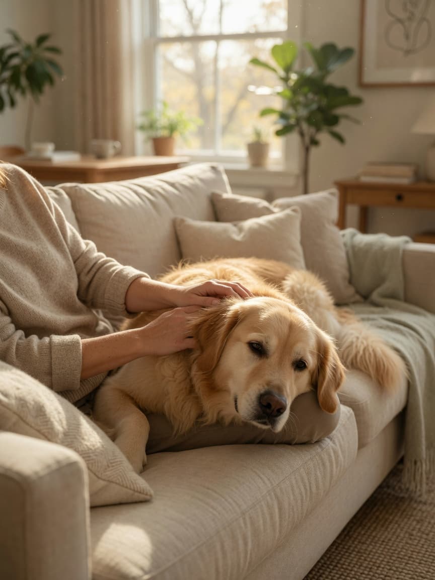 A person gently stroking a golden retriever on a sofa in warm natural sunlight, depicting the calming human-animal bond