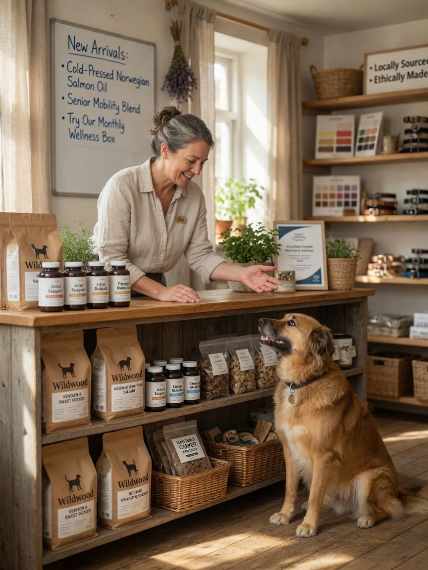 A trusted pet retailer advises a customer in a well-stocked independent pet shop, demonstrating expertise and genuine care for dog health.