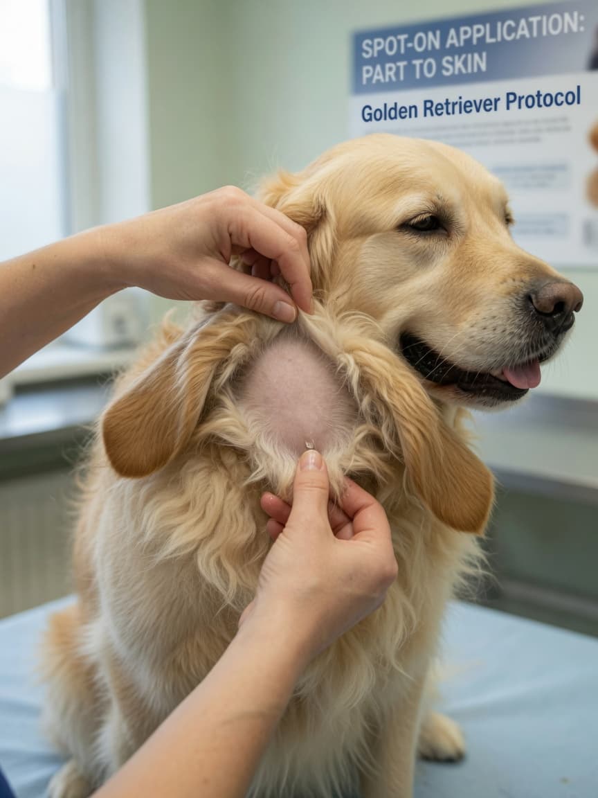 Veterinarian parting a Golden Retriever's coat at the base of skull to reveal bare skin before applying spot-on treatment