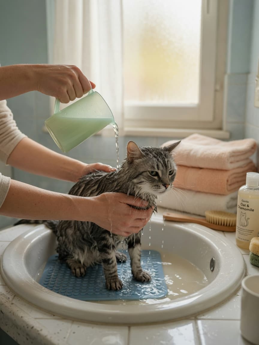 A person gently bathing a wet cat in a bathroom sink with warm water, towels and cat shampoo nearby