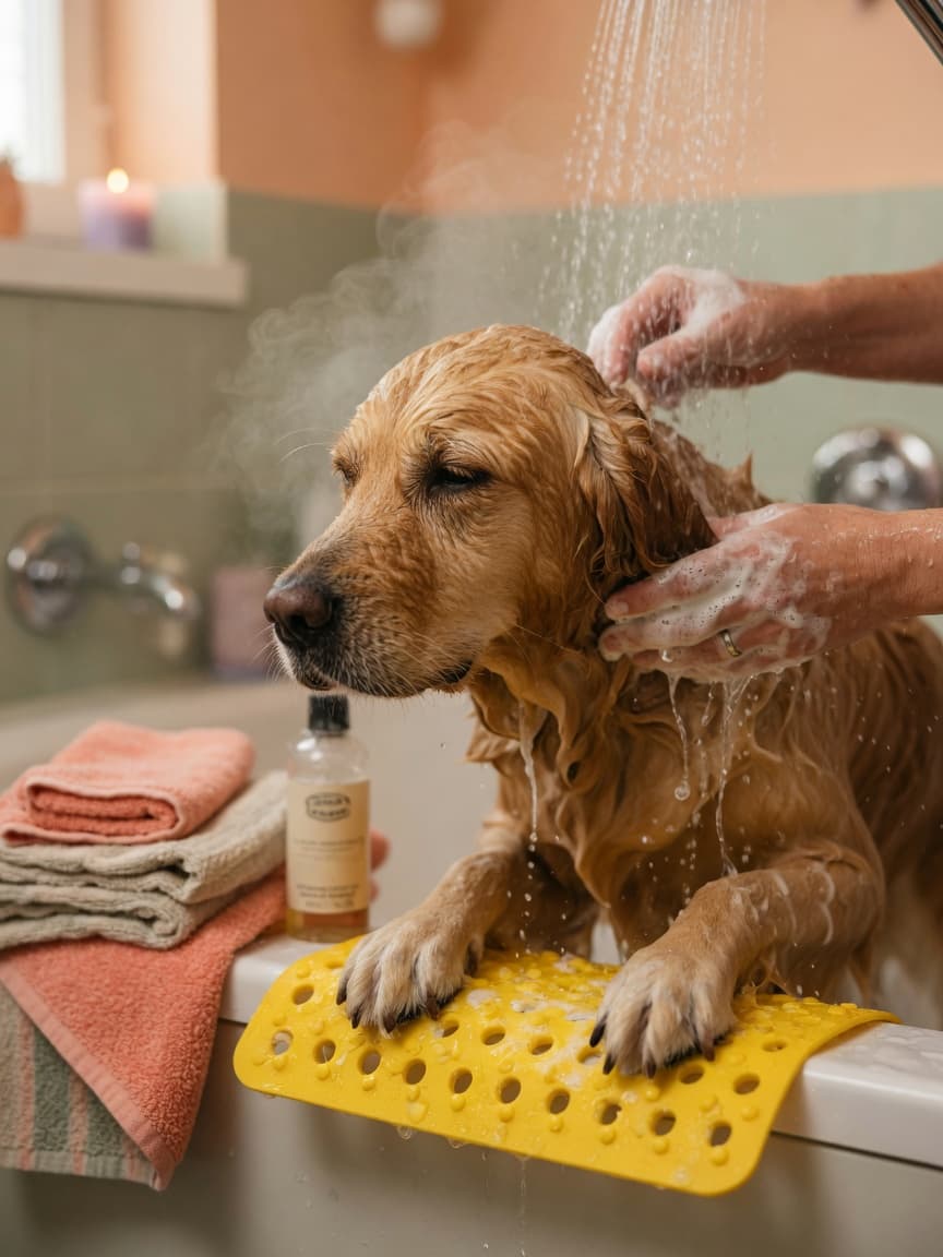 Owner bathing a dog at home with warm water and shampoo in a bathtub