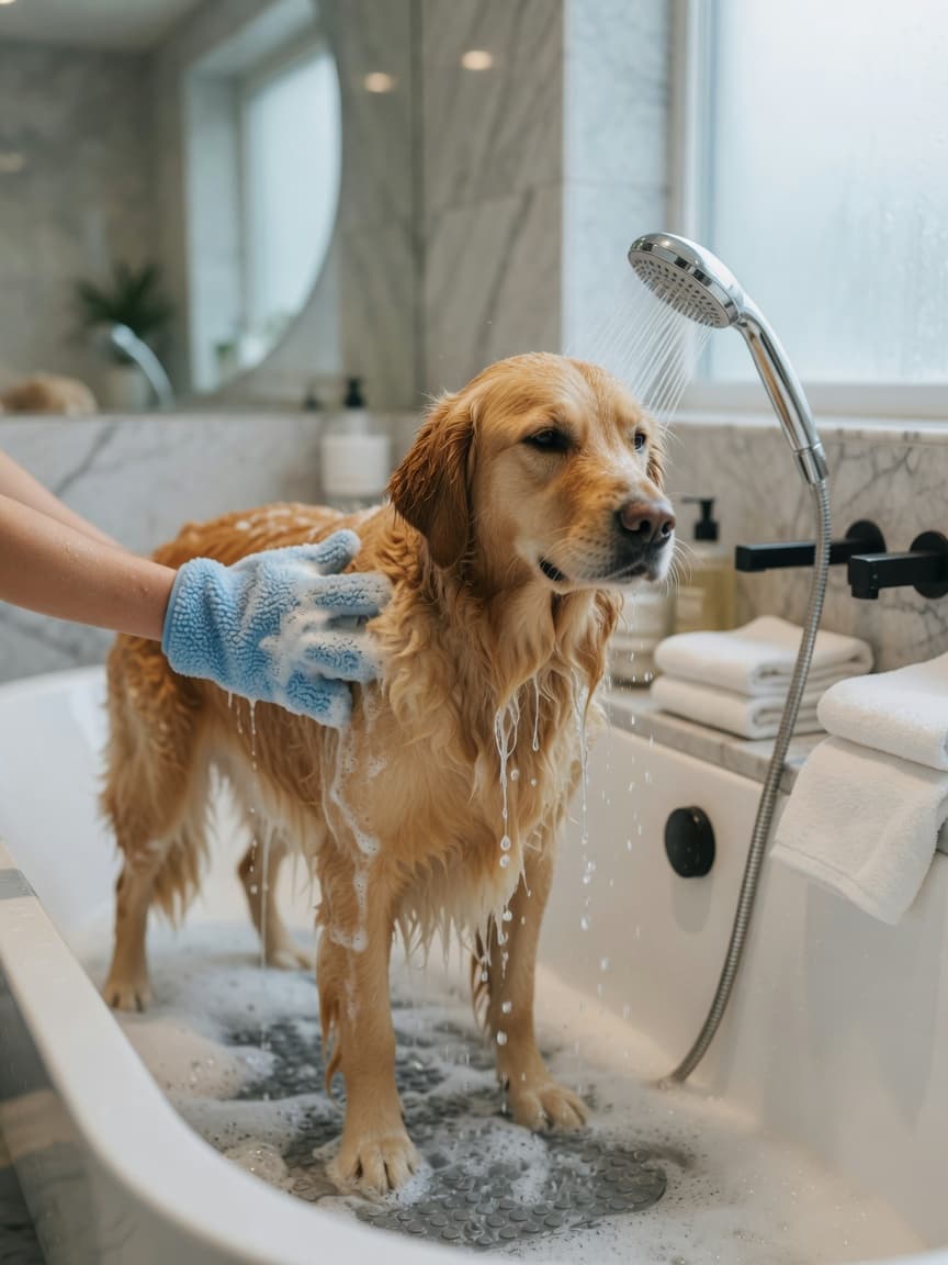 Golden retriever receiving a bath with a handheld showerhead and massage mitt